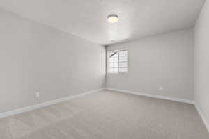 Spare room featuring a textured ceiling and carpet floors