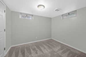 Basement with a textured ceiling and carpet