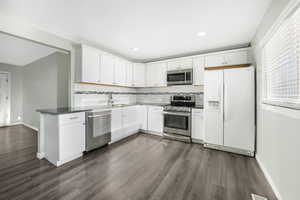 Kitchen with white cabinets, appliances with stainless steel finishes, and dark wood-type flooring