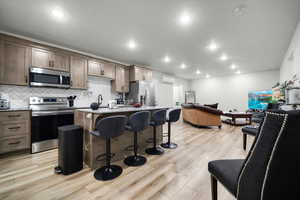 ADU Kitchen featuring a kitchen island, appliances with stainless steel finishes, a breakfast bar, light hardwood / wood-style floors, and an AC wall unit