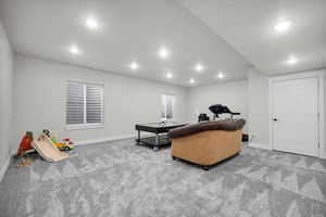 Basement Living room featuring carpet