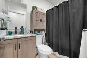 ADU Bathroom with hardwood / wood-style floors, vanity, toilet, and a shower with curtain