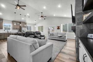 Living room featuring light hardwood / wood-style flooring, ceiling fan, and plenty of natural light