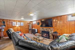 Carpeted living room with a stone fireplace and wooden walls