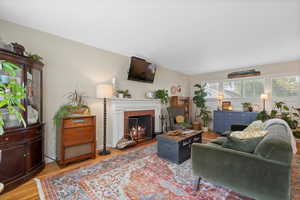 Living room featuring a fireplace and light hardwood / wood-style flooring