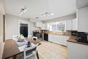 Kitchen with black appliances, white cabinetry, sink, and tasteful backsplash