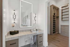 Bathroom with wood-type flooring and vanity