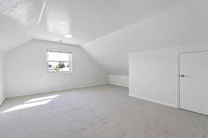 Bonus room with light colored carpet, a textured ceiling, and vaulted ceiling