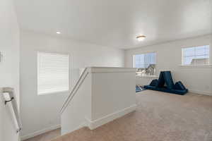 Workout area featuring light carpet and a textured ceiling