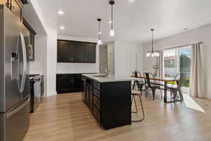 Kitchen featuring appliances with stainless steel finishes, light hardwood / wood-style floors, decorative light fixtures, a center island with sink, and sink