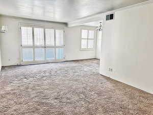 Empty room with carpet, a textured ceiling, and a healthy amount of sunlight