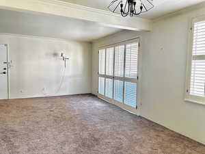 Empty room with crown molding, plenty of natural light, a chandelier, and carpet