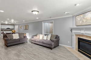 Recreation room with fireplace featuring  wood-style flooring,