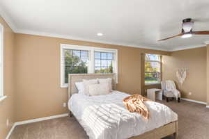 Bedroom featuring multiple windows, carpet, crown molding, and ceiling fan