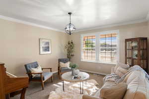 Living room with a chandelier, carpet floors, and crown molding