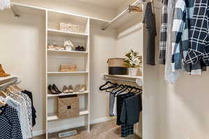 Walk in closet with carpet floors