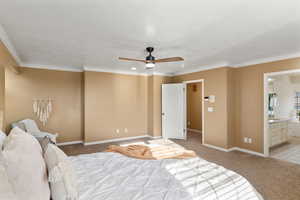 Bedroom featuring ceiling fan, ornamental molding, sink, light colored carpet, and ensuite bathroom