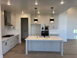 Kitchen featuring sink, wall chimney range hood, wood-type flooring, pendant lighting, and appliances with stainless steel finishes