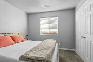 Bedroom with a closet and dark colored carpet