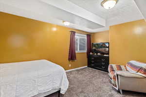 Carpeted bedroom featuring a textured ceiling