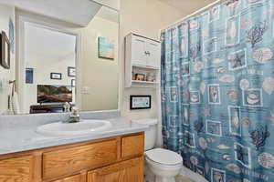 Bathroom with a shower with shower curtain, vanity, and toilet