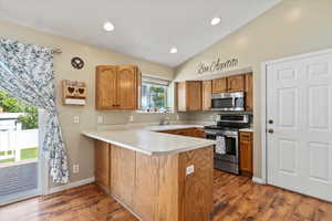 Kitchen with sink, kitchen peninsula, stainless steel appliances, dark hardwood / wood-style floors, and vaulted ceiling