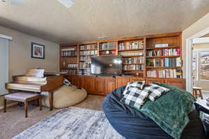 Carpeted living room with a textured ceiling and ceiling fan