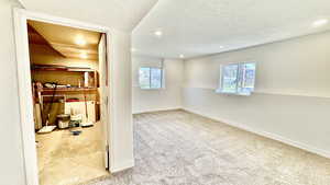 Empty room featuring light carpet, a textured ceiling, and a healthy amount of sunlight