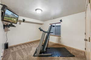 Exercise area with carpet and a textured ceiling