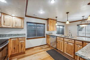 Kitchen featuring appliances with stainless steel finishes, sink, pendant lighting, and a wealth of natural light