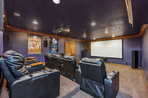 Carpeted home theater room featuring a textured ceiling and crown molding