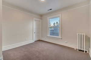 Spare room with radiator, carpet flooring, and crown molding