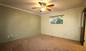 Primary bedroom featuring ornamental molding, and ceiling fan