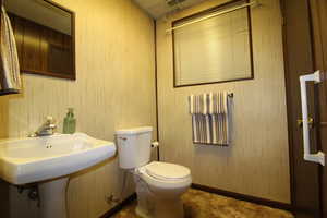 Bathroom featuring wood walls and toilet