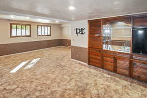 Family room with carpet and a fireplace and a wet bar