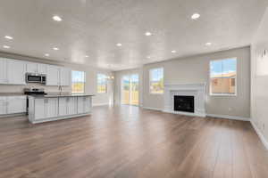 Unfurnished living room with light hardwood / wood-style floors, sink, and plenty of natural light