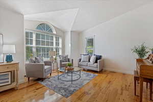 Living room featuring light hardwood / wood-style floors, a textured ceiling, and lofted ceiling