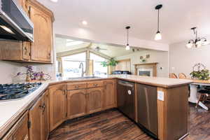 Kitchen with pendant lighting, sink, kitchen peninsula, stainless steel appliances, and dark hardwood / wood-style flooring