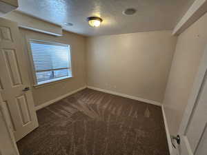 Empty room featuring new carpet and a textured ceiling