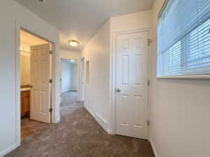 Hallway featuring carpet flooring