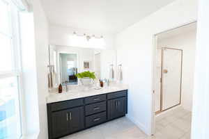 Bathroom with a shower with door, vanity, and a wealth of natural light