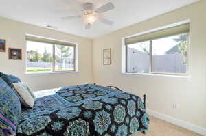 Bedroom featuring multiple windows, carpet, and ceiling fan