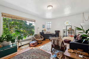 Living room with radiator, a textured ceiling, and hardwood / wood-style floors