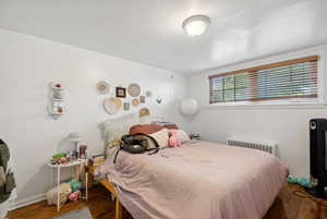 Bedroom featuring dark wood-type flooring and radiator heating unit