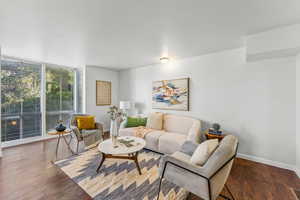 Living room with dark laminate floors and large windows.