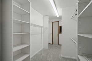 Spacious closet featuring light colored carpet