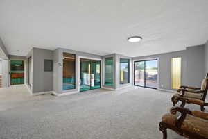 Interior space with light colored carpet and a textured ceiling