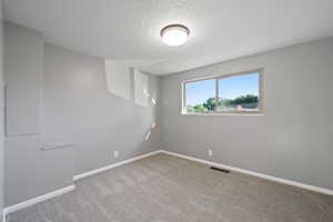 Carpeted empty room with a textured ceiling