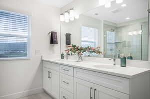 Bathroom with walk in shower, vanity, and hardwood / wood-style flooring