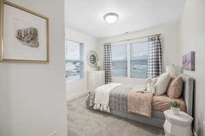 Bedroom with light colored carpet